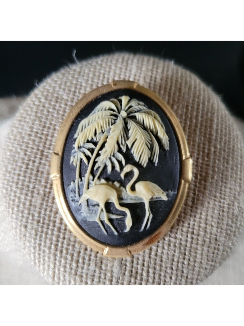 Flamingos and  Palm Trees Cameo Brooch Black & Cream Oval Made In Italy